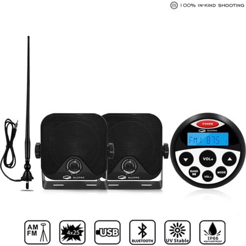 Waterproof Marine Audio Stereo Bluetooth Radio FM AM Receiver MP3 Player For ATV Pool Yacht Motorcycle+4" Marine Speaker+Antenna