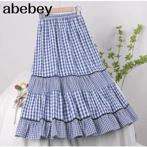 Skirts Women Vintage Plaid Splicing A-line High Waist Skirt Summer Streetwear Ladies Elegant Chic Slim Midi Skirt Womens