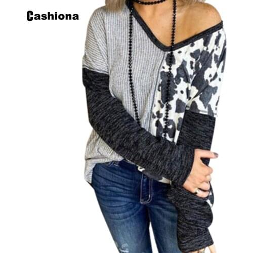 Cashiona 2021 Spring Autumn V-neck Casual T-shirt New Patchwork Colorblock Womens Top Vintage Loose Tees Shirt Femme Clothing