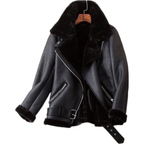 Leather Jacket Women Winter Coat Thick Faux Fur Turf Sheepskin Women Fur Fur Jacket Bomber Jacket Casaco Feminino