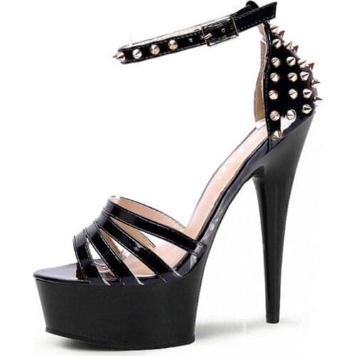 New Women stiletto Open Toed 17CM Thin High Heels rivet buckle sandals PU Buckle Strap waterproof Party Wedding shoes for women