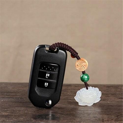 Natural Chalcedony Lucky Fortune Bag Pendant Handmade Carved Lotus Keychains Key Ring Key Holder for Women Car Bags Accessories