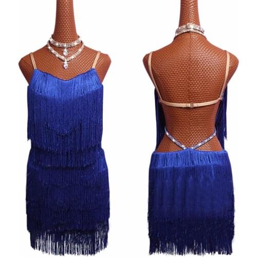 Blue Tassels Sexy Latin Dance Dress For Women Cha Cha Rumba Salsa Party Dancer Singer Entertainer Fringe Latin Costumes DM1044