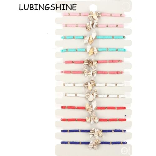 Boho 12pcs/lot Women Shell Charms Bracelet Set Child Braided Adjustable Rope Chain Handmade Soft Clay Anklet Beach Jewelry