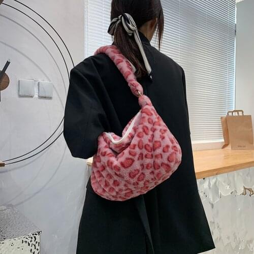 2021 Women Winter Soft Plush Red Leopard Small Shoulder Bags Female Underarm Bag Faux Fur Handbag Flower Print Fluffy Tote Bag