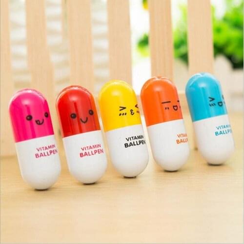 6Pcs / Lots Of Cute Smile Face Capsules Dots Pen Cartoon Expression Student Stationery Telescopic Vitamin For School Use