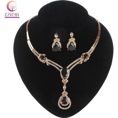 Free shipping Women Black Zircon Jewelry Sets Gold color Chain Austrian Crystal Necklace Earrings Set Bridal Jewelry Gift