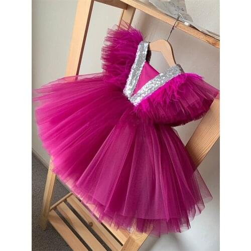 Kids Glitter Sequin Celebrity Dresses Satin Bow Tulle Layer Flower Girls Dresses Shiny Girl Birthday Dress New Year 2021