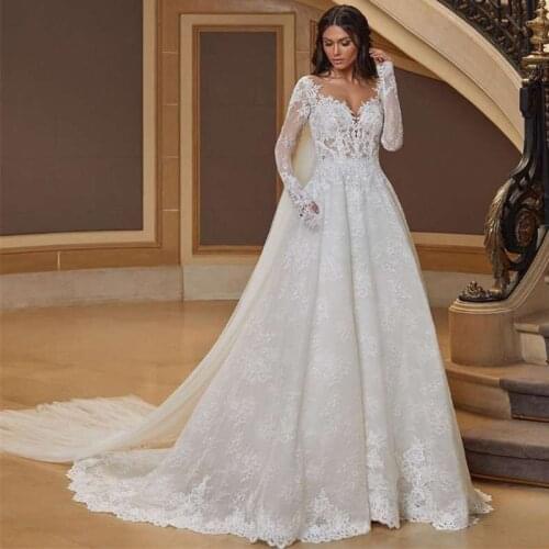 Elegant Church Turkey Wedding Dresses Long Sleeve Lace Bride Dress 2021 Vestido de Noiva Illusion Back Princess Wedding Gowns