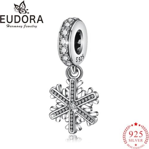 Eudora Authentic 925 Sterling Silver Snowflake Charms Pendant fit Women Necklaces Bracelets DIY Beads Jewelry Making MYXZ104