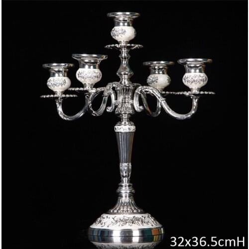 European Embossed Rose Flower Shiny Silver Plating with White Hand Enameled Tabletop 5 Pieces Stick Metal Alloy Candle Holder