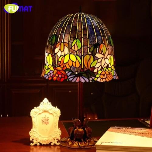 FUMAT Glass Lamp Art Water Lily Table Lamp Classic Tiffany Stained Glass Table Lamp Home Decor Living Room Office Light Fixtures