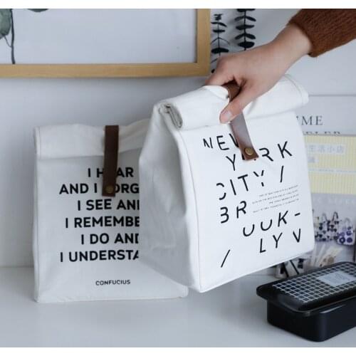 Cotton Lunch Box Bag Simple Letters Insulation Picnic Pack Fresh Cloth Bag Food Container V-coool Students Travel Container