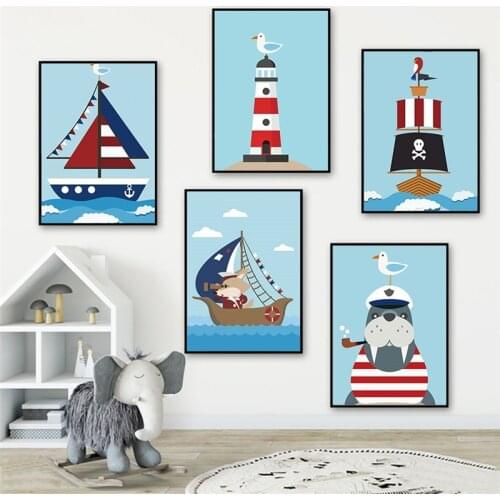 Canvas Painting Cartoon Sailboat Sailor Posters and Print Modern Modular Blue Wall Art Pictures for Kids Bedroom Home Decoration