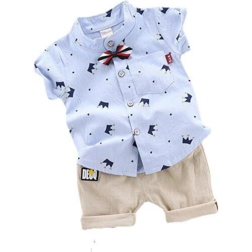 New Summer Toddler Baby Girls Fashion Clothing Sets Kids Boys Crown Full PrintBow Tie Shirt+Shorts Boy Gentleman Casual Suits