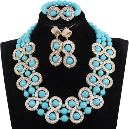 Blue African Chunky Beaded Costume Women Jewelry Set 8 Shaped Gold Real Stone Wedding Necklace Set for Brides Gift WE168
