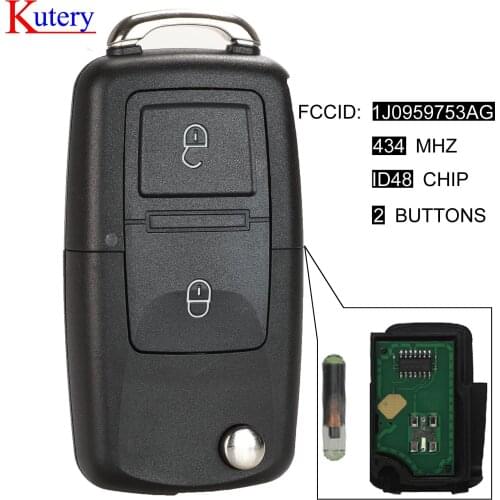 Kutery 10pcs 2 Button Flip Remote Key Fob 434MHz ID48 Chip For VW Beetle Bora Golf Passat Polo Transporter T5 1J0 959 753 AG