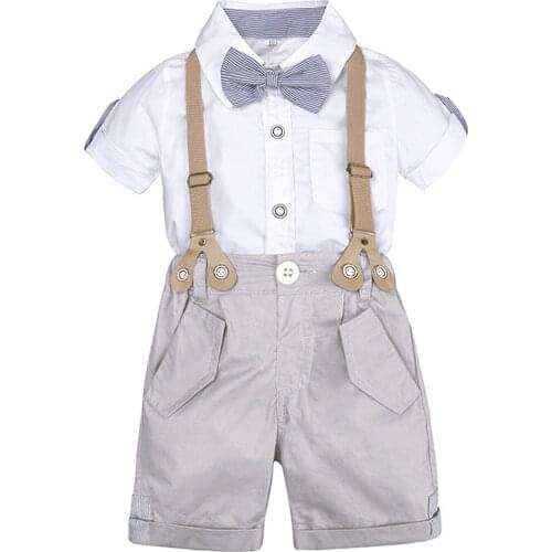 Fashion Toddler Infant Kids Baby Boys Clothes Lapel Bow Tie Solid Colors Shirt+Shorts Overalls Gentleman Party Outfits Set#g4