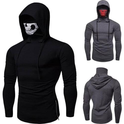 Long Sleeve Mens Hoodies with Skeleton Print Mask Black Gray Elasticity Coat Moto Biker Style Cool Sweatshirts Men Gym Hoodies