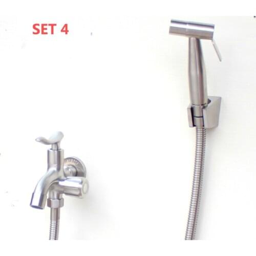 Set 4 Toilet Flusher Stainless Bidet Sprayer Spray Enhanced pressure Hand Shower Set + Shower hose + wall bracket