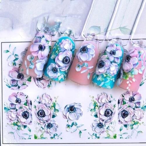 Hot 3D Acrylic Engraved flower Nail Sticker pretty girl Purple Flower Water Decals Empaistic Nail Water Slide Decals Z0338