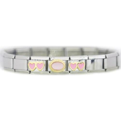 Wholesale Composable links Classic 9mm Women pink stone double heart love girl Italian charm link bracelet fit Zoppini Nomiation