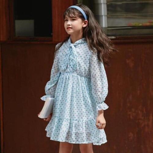 Autumn Spring Dot Print Light Dress For Girls Fashon Dot Print Mid Length Gowns Children Daily Casual Dresses Clothing 3-14Y
