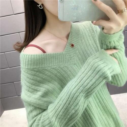 Autumn Korean Plus size Knit Sweater Women Clothes 2020 Winter V-neck Solid Casual Thicken Pullover Ladies Loose Basic Sweater