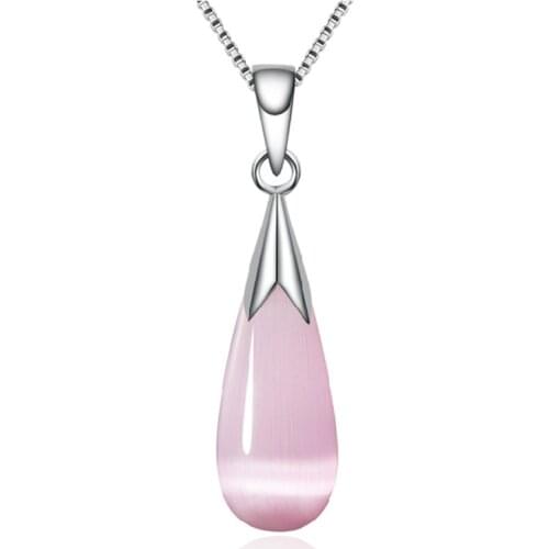 Fashion Necklace Women Elegant White Pink Opal Stone Pendant Necklaces Water Drop Long Chain Necklace Jewelry Naszyjnik Collares