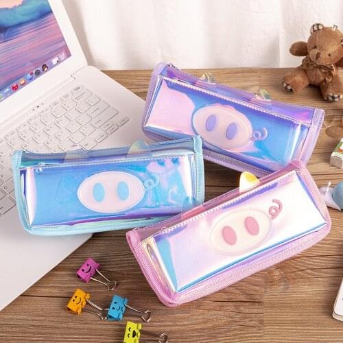 Iridescent Laser Pencil Case Quality TPU School Supplies Stationery Gift Pencilcase School Cute PIG Pencil Box Bts School Tools