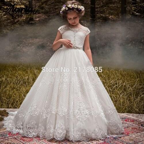 Ivory Crystal Flower Girl Dresses 2019 Custom Made Communion Dresses Vestidos Daminha Pageant Dresses For Girls Lace Applique