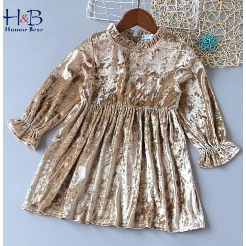 Humor Bear Girls Dress 2021 Autumn Flare Long Sleeve Gold Velvet Princess Dress Warm Pricess Dress Toddler Clothes 4-12Y