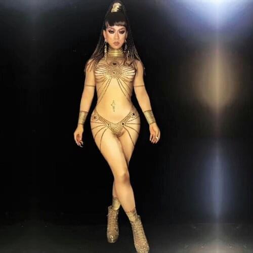 Sexy golden Egyptian queen of the rhinestone elastomania bar nightclub concert singer dancer costumes
