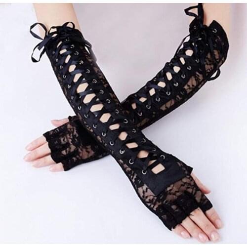 Sexy Lace Up Gloves Half Finger Lace Floral Gloves Elbow Length Lace Gloves for Party Prom Punk Fingerless Gloves