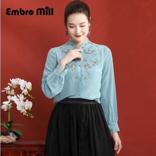 Spring And Summer New Womens Stand Collar Long Sleeve Retro Hollow Embroidery High-End Silk Soft Shirt Plus Size M-3XL