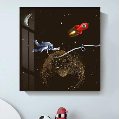 Cute Cartoon Posters Room Decor Spaceman Astronaut Painting Canvas Gold Foil Crystal Marble Printing Pictures Nebula Star Space
