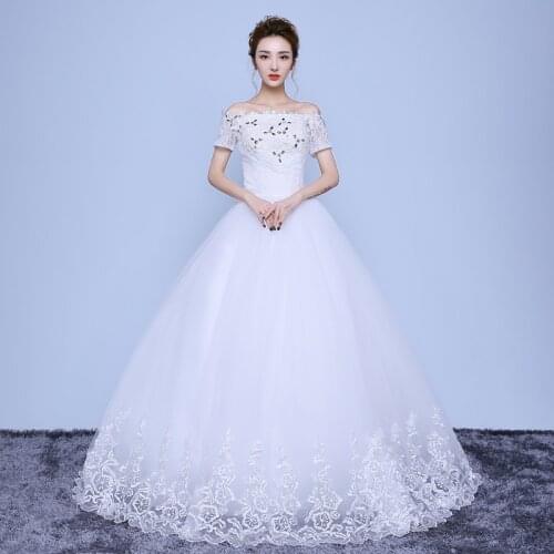 2019 New Wedding Dress Lace Up Boat Neck Bride Embroidery Wedding Dresses Large Size Bridal Princess Dress Ball Gowns