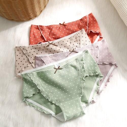 Women Cotton Panties Mid Waist Dot Print lovely Underwear Comfortable Lingerie Big Size Sexy Ruffle Briefs Female 111