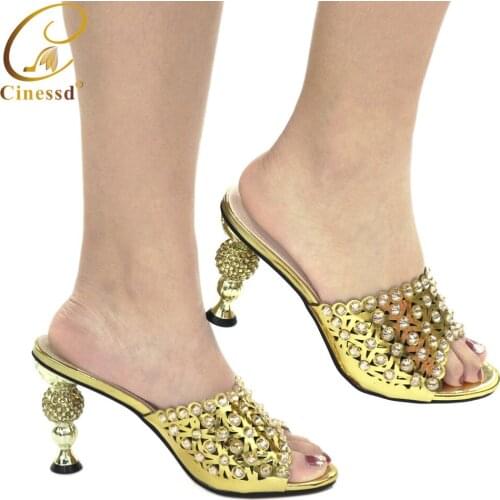 High Quality INS Hot Selling Shoes Decorate with Rhinestone for Party African Lady Super High Heels in Golden Color For Wedding
