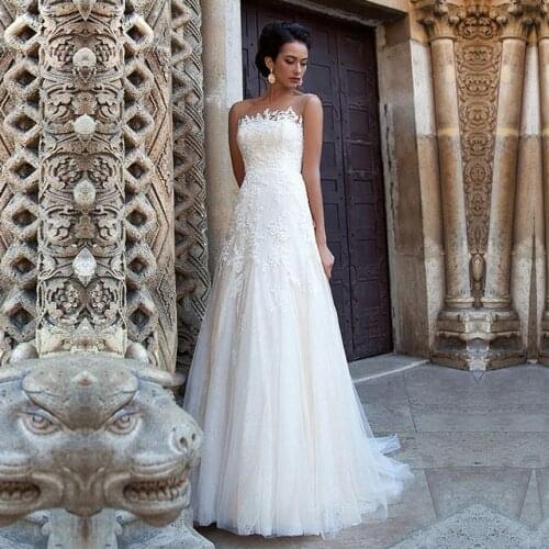 Elegant A Line Tulle Bateau Neckline Wedding Dresses with Lace Appliques Backless Wedding Gowns Custom made Vestido De Novia