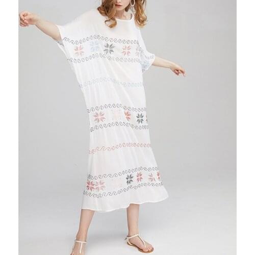 Rayon Embroidery Maxi Dress Women Vintage Chic O-neck Batwing Sleeve White Floral Dresses Summer Casual Loose Beach Sexy Dresses