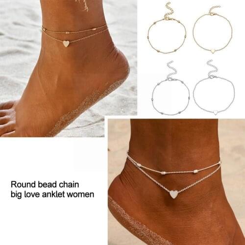 2 Pcs/set Double-layer Anklets Round Bead Chain Love Foot Peach Heart Anklet Bracelet Leg Heart-shaped Beach Ankle Jewelry J9Y6
