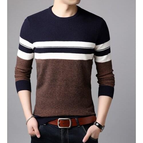 2021 Mens Autumn and Winter New Color Matching Sweater Youth round Neck, Slim-Fit, Long-Sleeved Striped Base Sweater