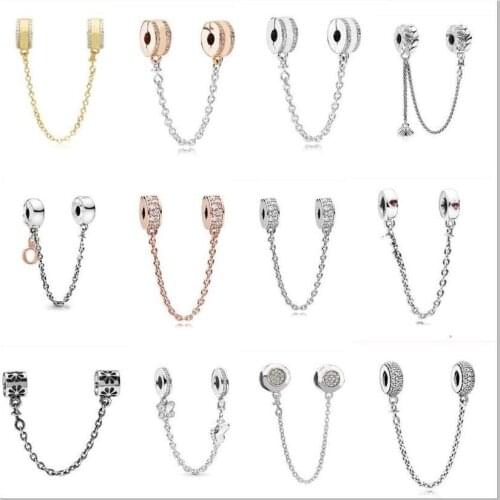 Genuine 925 Sterling Silver Charm Gold Color Love Heart & Crown Safety Chain Bead Fit Pan Bracelet & Necklace DIY Jewelry