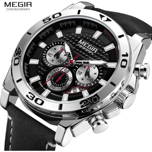 Megir Watches Men 2019 Fashion Amy Military Male Wristwatch Mens Leather Sport Waterproof Quartz Chronograph Watch Man 2019