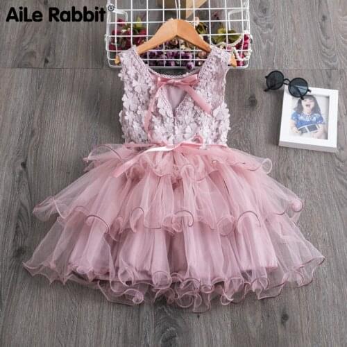 Summer Toddler Girls Lace Cake Dress Kids Sleeveless Floral Mesh Wedding Dresses Children Clothing For Baby Girls 3 To 8 Years