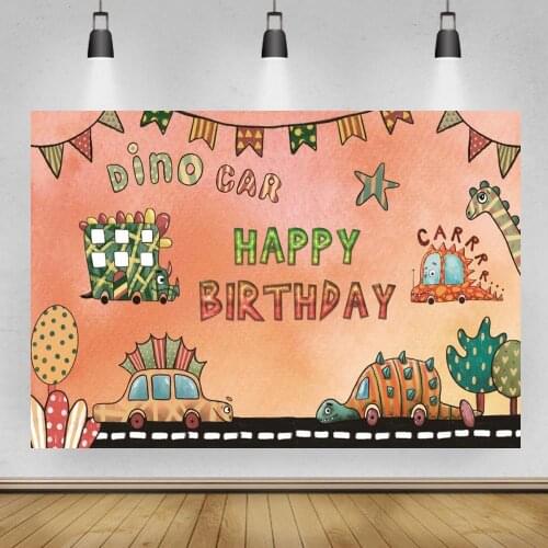 Dinosaur Car Happy Birthday Cartoon Photography Background Kids Toy Story Party Table Backdrop Banner Decor