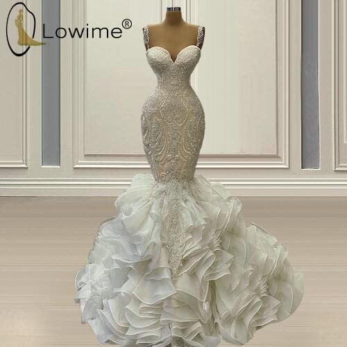 Dubai Ivory Luxury Beading Mermaid Wedding Dresses 2021 Spaghetti Straps Ruffles Bridal Gowns Custom Made Vestidos De Novias