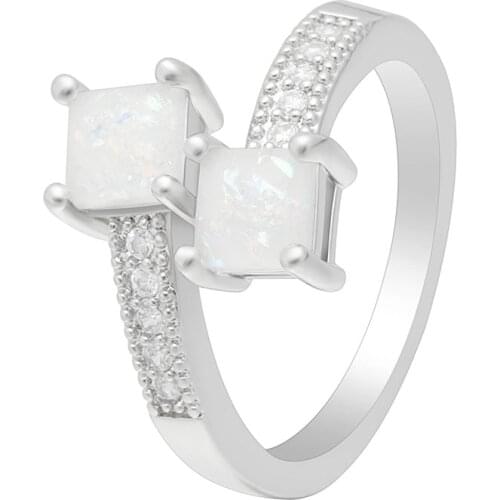Hainon Elegant Square Opal Finger Rings For Women White Stone Silver Color filled Jewelry Stylish Resizable Rings For Party