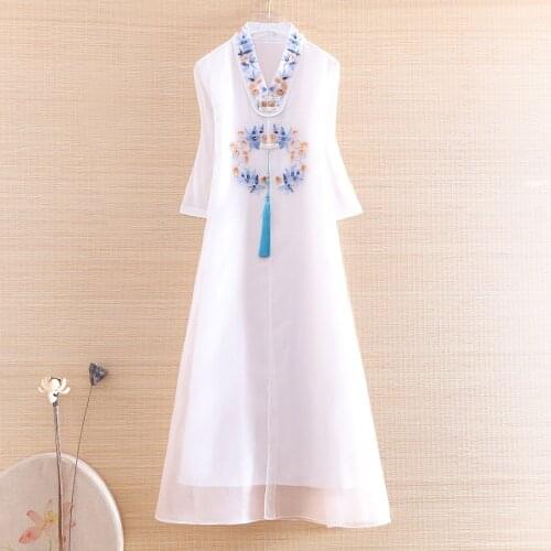 High-end Spring Summer Organza Women Cheongsam Dress Retro Elegant Embroidery 3/4 Sleeve A-line Lady Party Qiapao Dress S-XXL